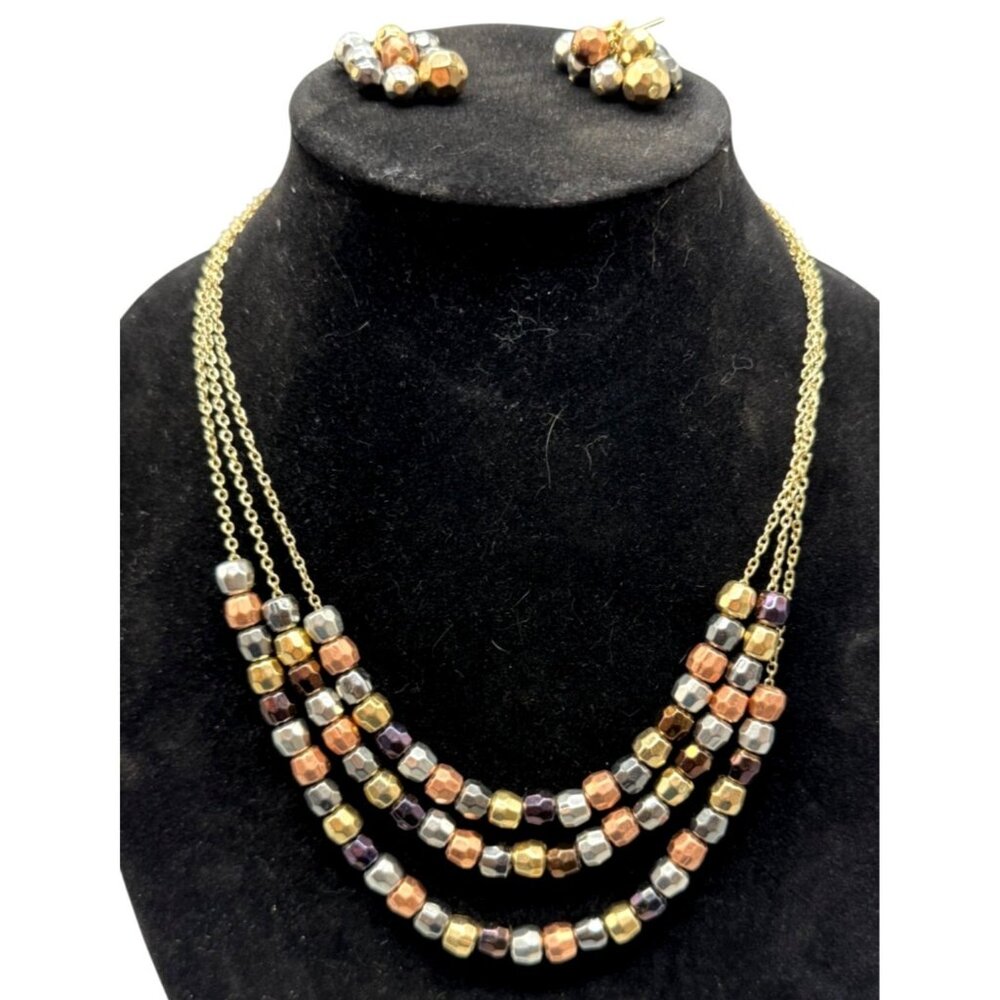 Multi-Strand Beaded Necklace & Earrings Set pierced gold bronze color clasp READ